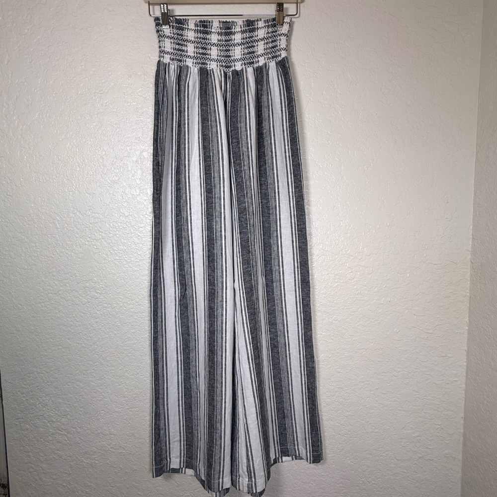 Wide Leg Pants Rewash Women Size M Black White Striped Smocked Linen Blend Boho